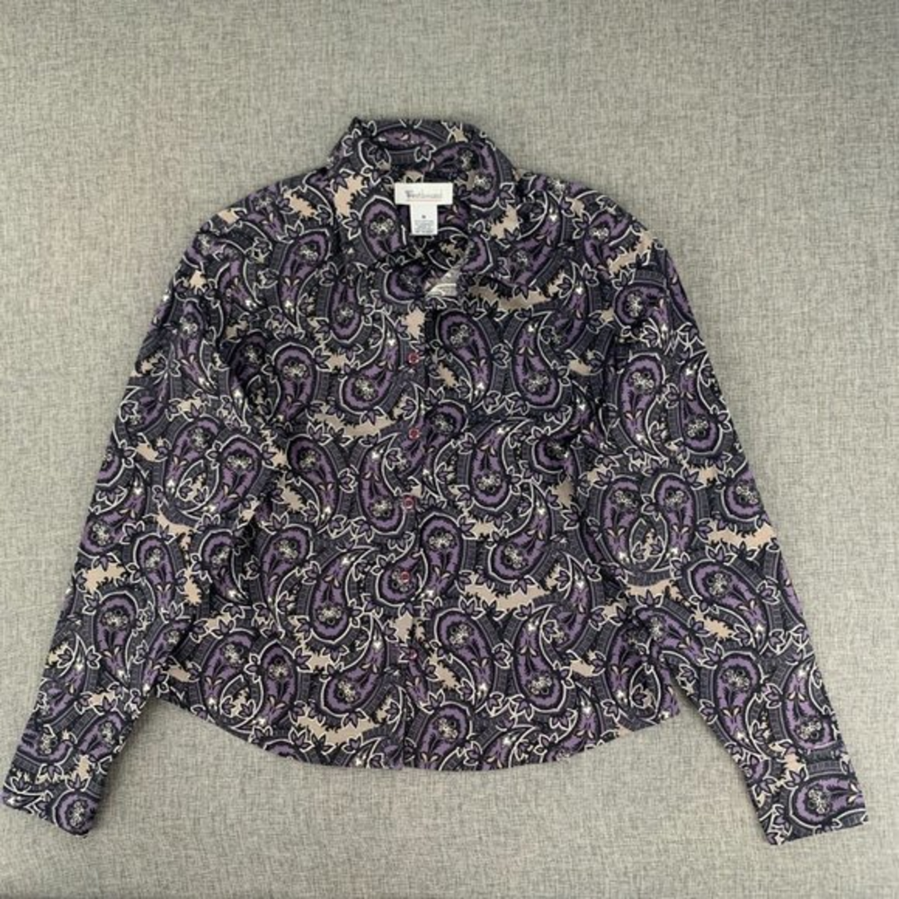 Westbound Button Down Blouse Paisley Floral Print Medium Purple Black Tan Cotton